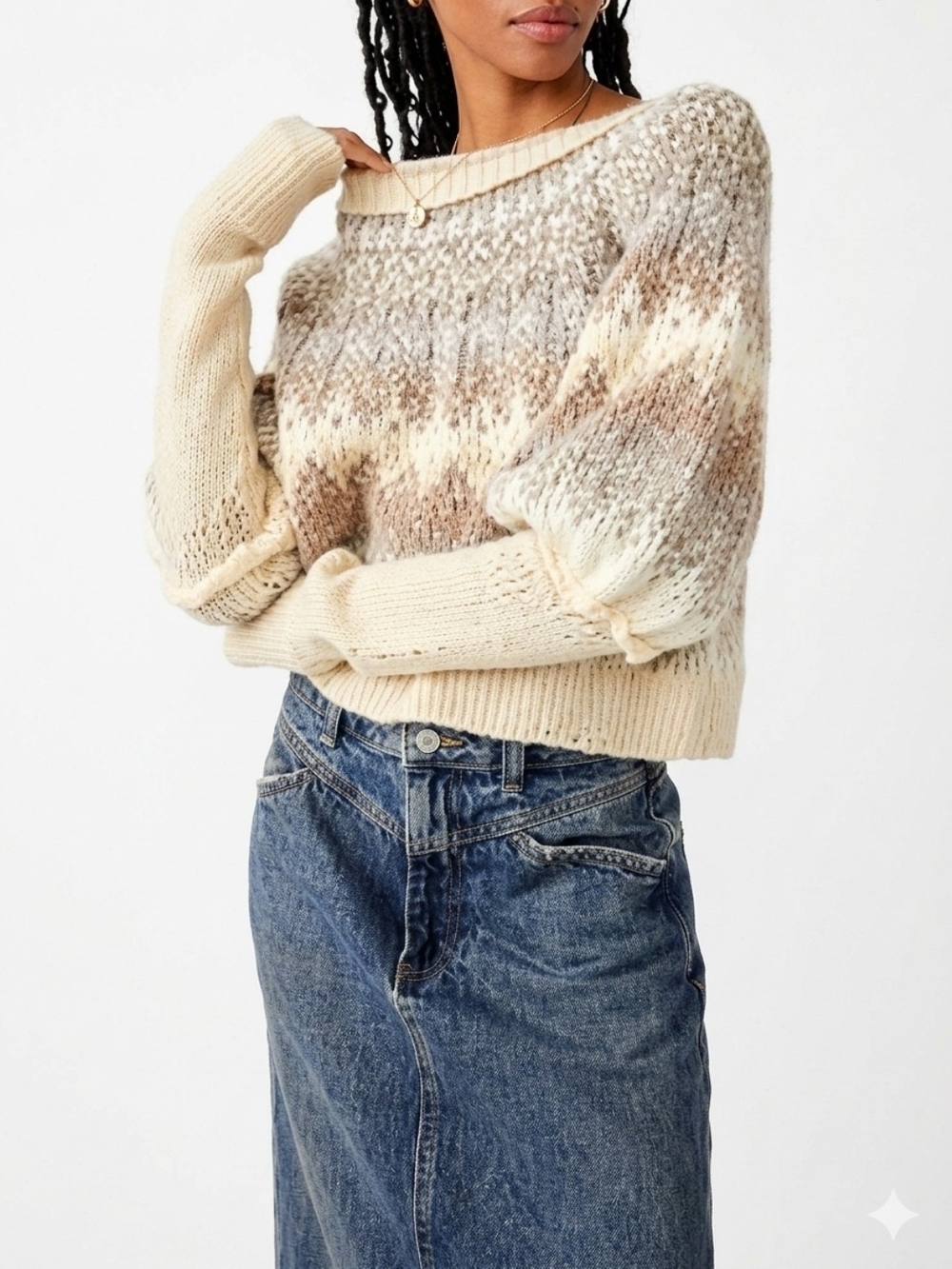 Free People Home For The Holidays Knit Pullover Cream Beige Fair Isle Size M